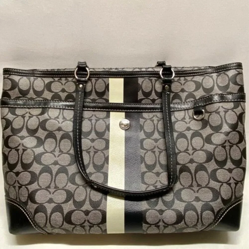 Coach Chelsea Heritage Tote F14475 Large Black‎ Signature Stripe Baby Bag Purse